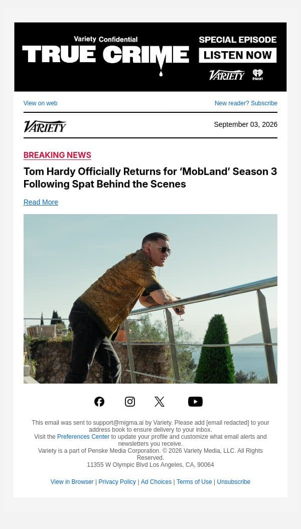 Tom Hardy Officially Returns for ‘MobLand’ Season 3 Following Spat Behind the Scenes email from Variety screenshot