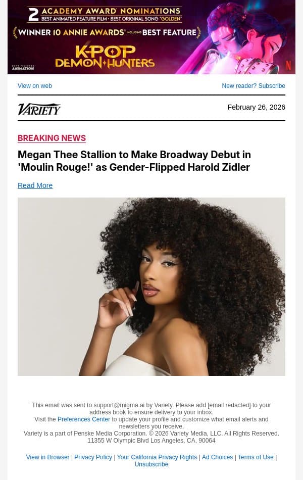 Megan Thee Stallion to Make Broadway Debut in 'Moulin Rouge!' as Gender-Flipped Harold Zidler email from Variety screenshot