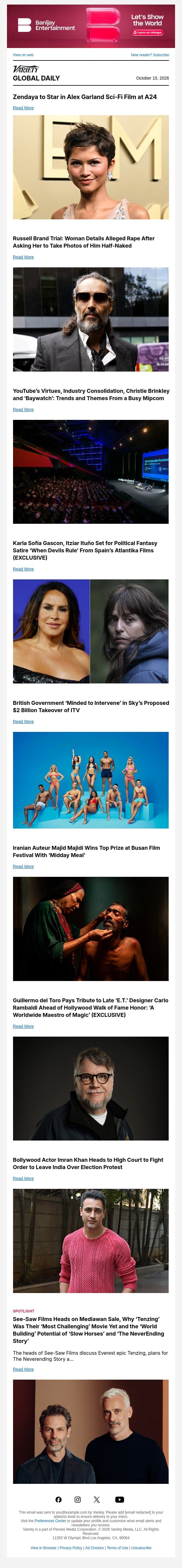 Zendaya's Next Film; Russell Brand Trial Latest; Mipcom Takeaways email from Variety screenshot