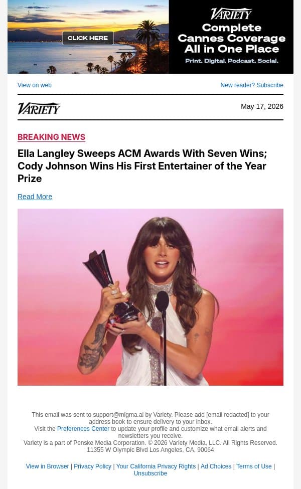 Ella Langley Sweeps ACM Awards With Seven Wins; Cody Johnson Wins His First Entertainer of the Year Prize email from Variety screenshot