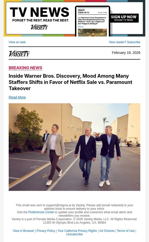 Inside Warner Bros. Discovery, Mood Among Many Staffers Shifts in Favor of Netflix Sale vs. Paramount Takeover email from Variety screenshot