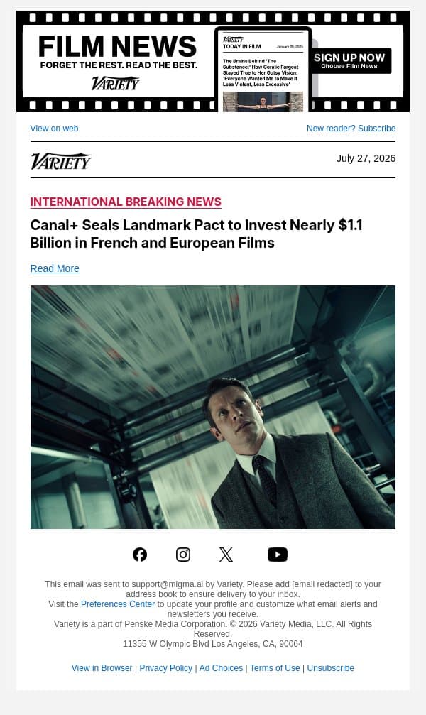 Canal+ Seals Landmark Pact to Invest Nearly $1.1 Billion in French and European Films email from Variety screenshot