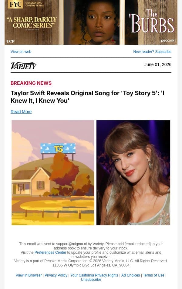 Taylor Swift Reveals Original Song for 'Toy Story 5': 'I Knew It, I Knew You' email from Variety screenshot