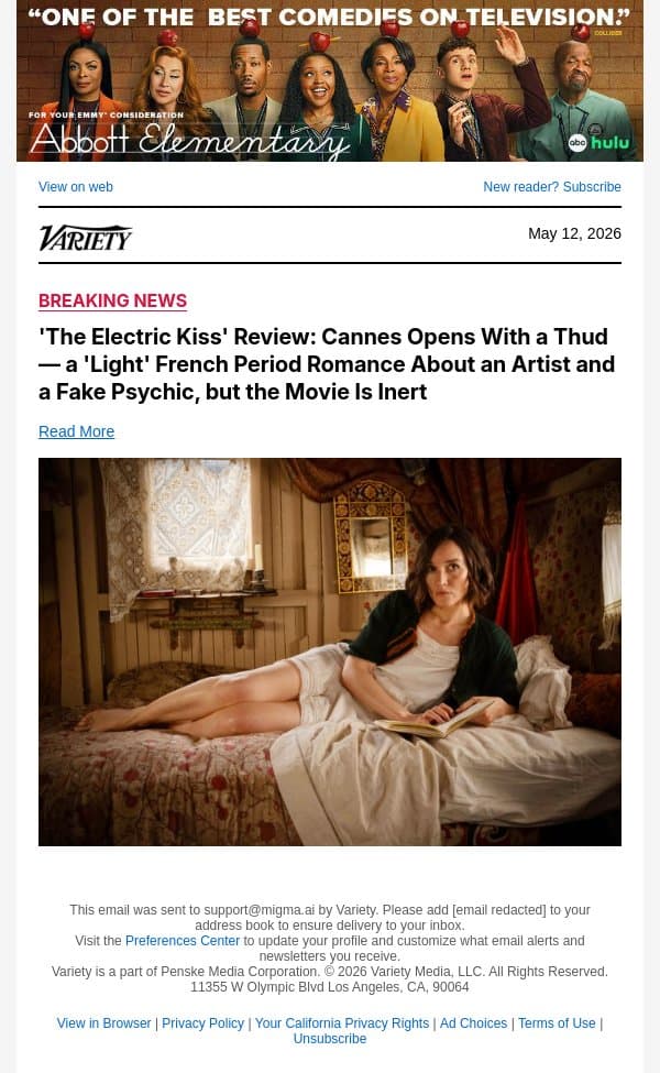 'The Electric Kiss' Review: Cannes Opens With a Thud — a 'Light' French Period Romance About an Artist and a Fake Psychic, but the Movie Is Inert email from Variety screenshot