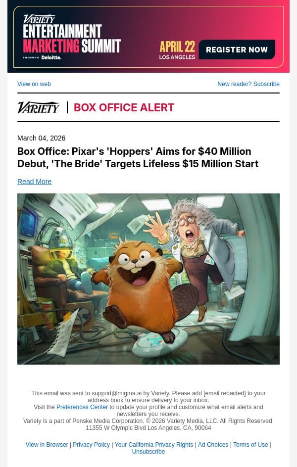 Box Office: Pixar's 'Hoppers' Aims for $40 Million Debut, 'The Bride' Targets Lifeless $15 Million Start email from Variety screenshot