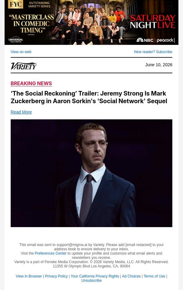 ‘The Social Reckoning’ Trailer: Jeremy Strong Is Mark Zuckerberg in Aaron Sorkin's 'Social Network' Sequel email from Variety screenshot