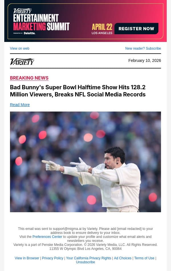 Bad Bunny's Super Bowl Halftime Show Hits 128.2 Million Viewers, Breaks NFL Social Media Records email from Variety screenshot