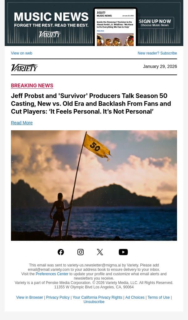 Jeff Probst and 'Survivor' Producers Talk Season 50 Casting, New vs. Old Era and Backlash From Fans and Cut Players: ‘It Feels Personal. It’s Not Personal’ email from Variety screenshot