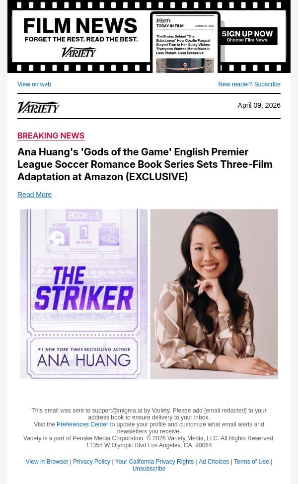 Ana Huang's 'Gods of the Game' English Premier League Soccer Romance Book Series Sets Three-Film Adaptation at Amazon (EXCLUSIVE) email from Variety screenshot