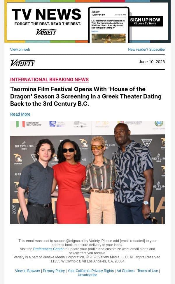 Taormina Film Festival Opens With 'House of the Dragon' Season 3 Screening in a Greek Theater Dating Back to the 3rd Century B.C. email from Variety screenshot