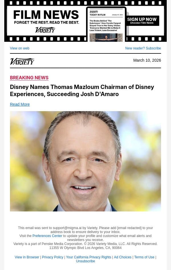 Disney Names Thomas Mazloum Chairman of Disney Experiences, Succeeding Josh D'Amaro email from Variety screenshot