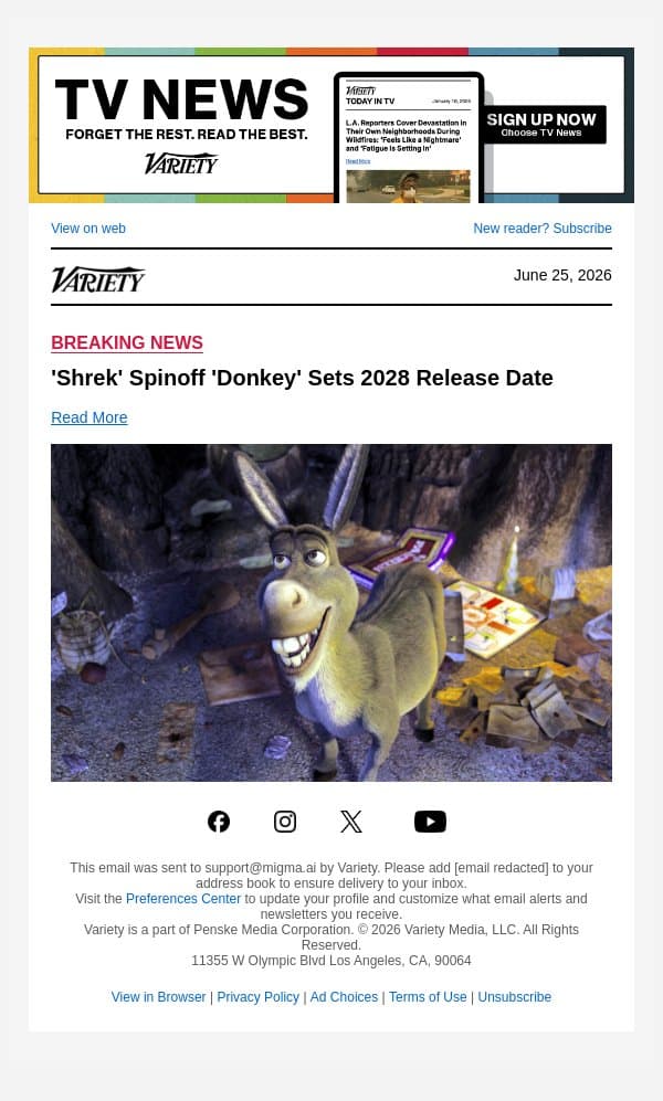 'Shrek' Spinoff 'Donkey' Sets 2028 Release Date email from Variety screenshot
