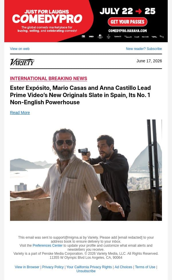 Ester Expósito, Mario Casas and Anna Castillo Lead Prime Video’s New Originals Slate in Spain, Its No. 1 Non-English Powerhouse email from Variety screenshot