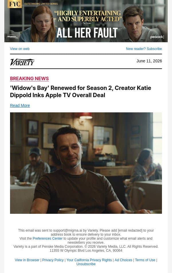 'Widow's Bay' Renewed for Season 2, Creator Katie Dippold Inks Apple TV Overall Deal email from Variety screenshot