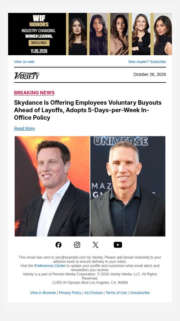 Skydance Is Offering Employees Voluntary Buyouts Ahead of Layoffs, Adopts 5-Days-per-Week In-Office Policy email from Variety screenshot