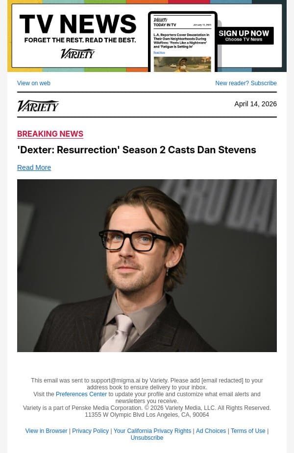 'Dexter: Resurrection' Season 2 Casts Dan Stevens email from Variety screenshot