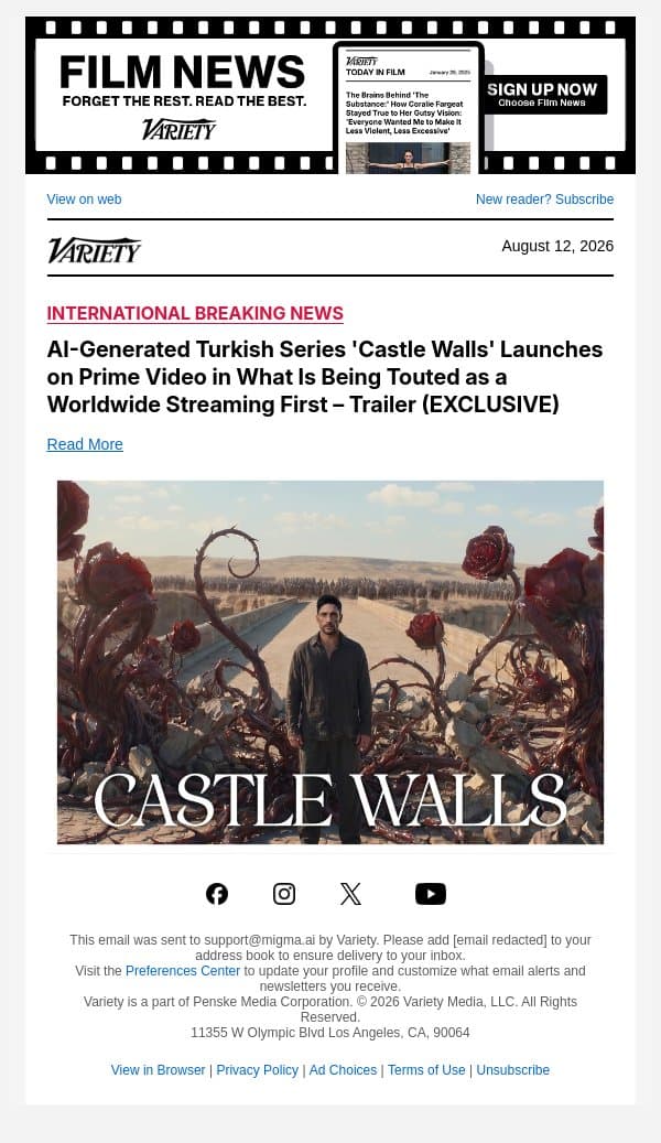 AI-Generated Turkish Series 'Castle Walls' Launches on Prime Video in What Is Being Touted as a Worldwide Streaming First – Trailer (EXCLUSIVE) email from Variety screenshot