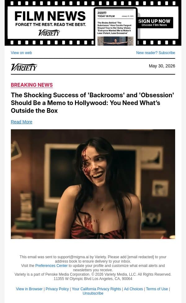 The Shocking Success of 'Backrooms' and 'Obsession' Should Be a Memo to Hollywood: You Need What’s Outside the Box email from Variety screenshot