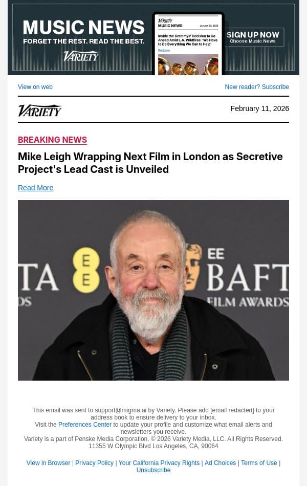 Mike Leigh Wrapping Next Film in London as Secretive Project's Lead Cast is Unveiled email from Variety screenshot