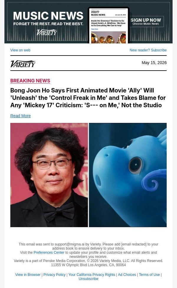 Bong Joon Ho Says First Animated Movie 'Ally' Will 'Unleash' the 'Control Freak in Me' and Takes Blame for Any 'Mickey 17' Criticism: 'S--- on Me,' Not the Studio email from Variety screenshot