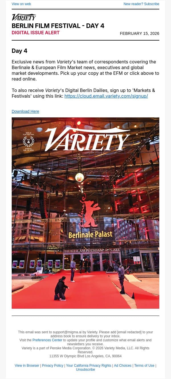 BERLIN FILM FESTIVAL DAILY No.4: Turkish Filmmakers Break Through at Fest; Sean Baker on His Short With Michelle Yeoh; Helmer Jamie Adams Thrilled With Hid Pic's Star Quentin Tarantino email from Variety screenshot