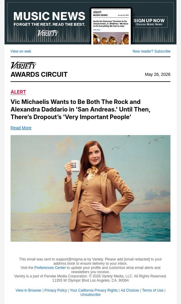 Vic Michaelis Wants to Be Both The Rock and Alexandra Daddario in 'San Andreas.' Until Then, There’s Dropout’s 'Very Important People' email from Variety screenshot