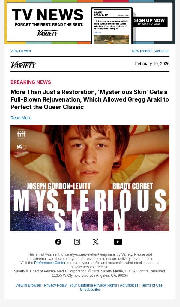 More Than Just a Restoration, 'Mysterious Skin' Gets a Full-Blown Rejuvenation, Which Allowed Gregg Araki to Perfect the Queer Classic email from Variety screenshot