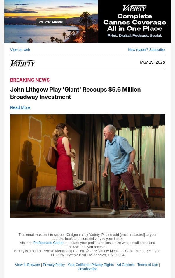 John Lithgow Play 'Giant' Recoups $5.6 Million Broadway Investment email from Variety screenshot