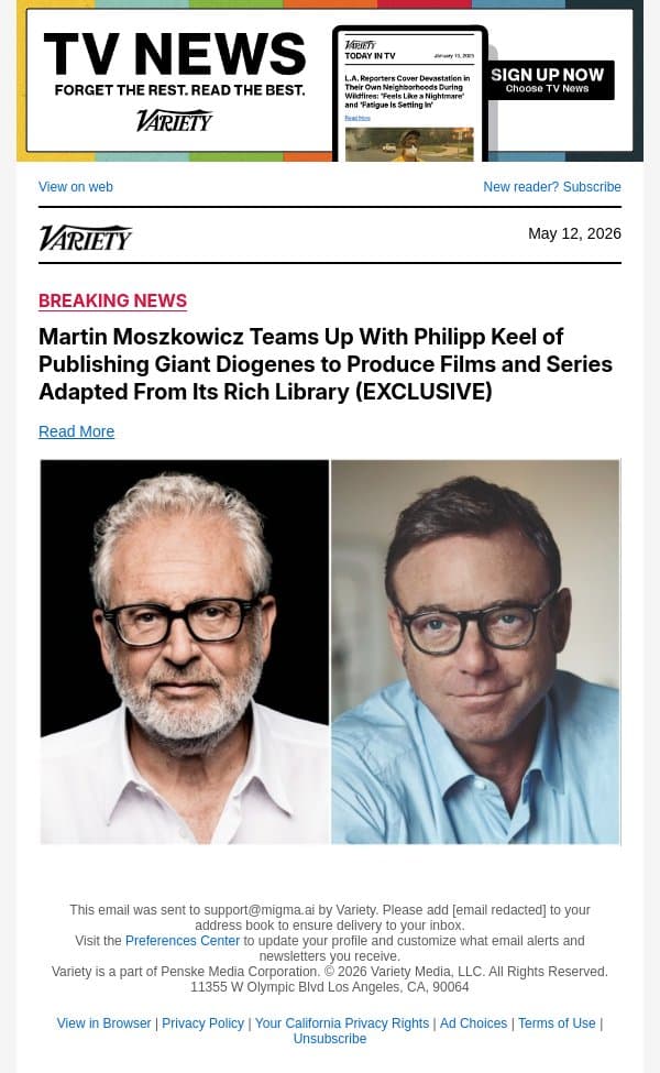 Martin Moszkowicz Teams Up With Philipp Keel of Publishing Giant Diogenes to Produce Films and Series Adapted From Its Rich Library (EXCLUSIVE) email from Variety screenshot