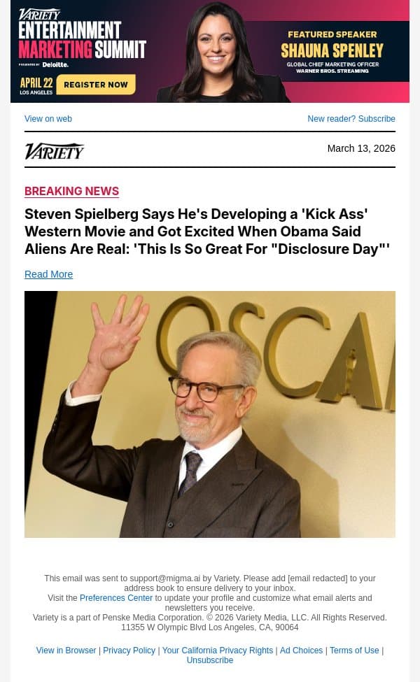 Steven Spielberg Says He's Developing a 'Kick Ass' Western Movie and Got Excited When Obama Said Aliens Are Real: 'This Is So Great For "Disclosure Day"' email from Variety screenshot