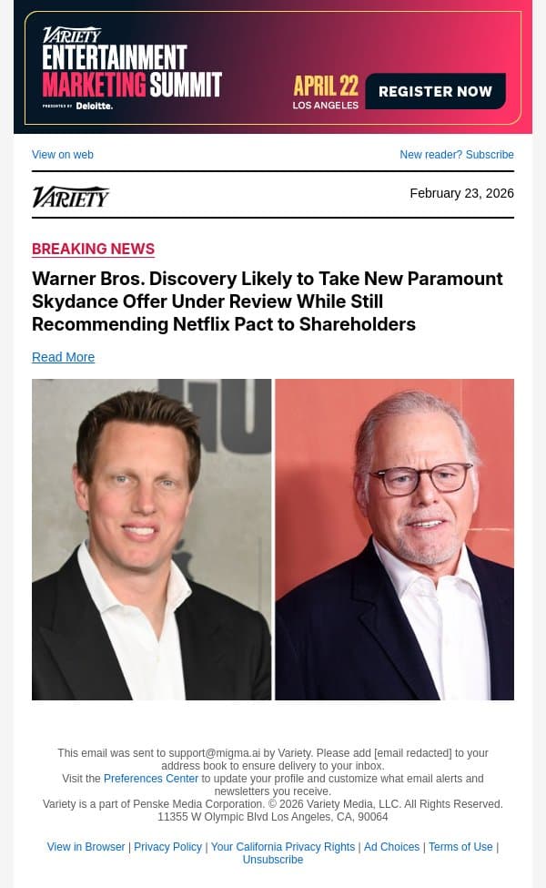 Warner Bros. Discovery Likely to Take New Paramount Skydance Offer Under Review While Still Recommending Netflix Pact to Shareholders email from Variety screenshot