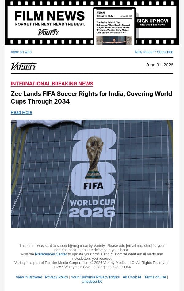 Zee Lands FIFA Soccer Rights for India, Covering World Cups Through 2034 email from Variety screenshot