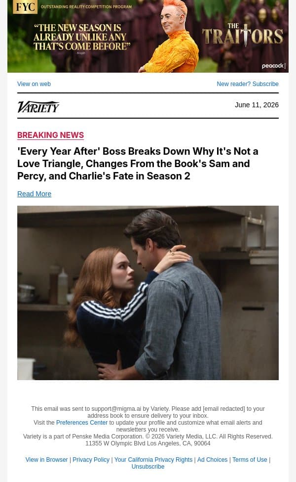 'Every Year After' Boss Breaks Down Why It's Not a Love Triangle, Changes From the Book's Sam and Percy, and Charlie's Fate in Season 2 email from Variety screenshot