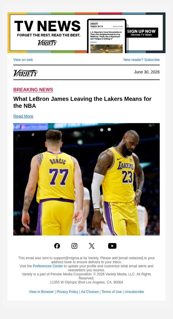 What LeBron James Leaving the Lakers Means for the NBA email from Variety screenshot