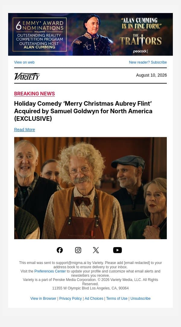 Holiday Comedy ‘Merry Christmas Aubrey Flint’ Acquired by Samuel Goldwyn for North America (EXCLUSIVE) email from Variety screenshot
