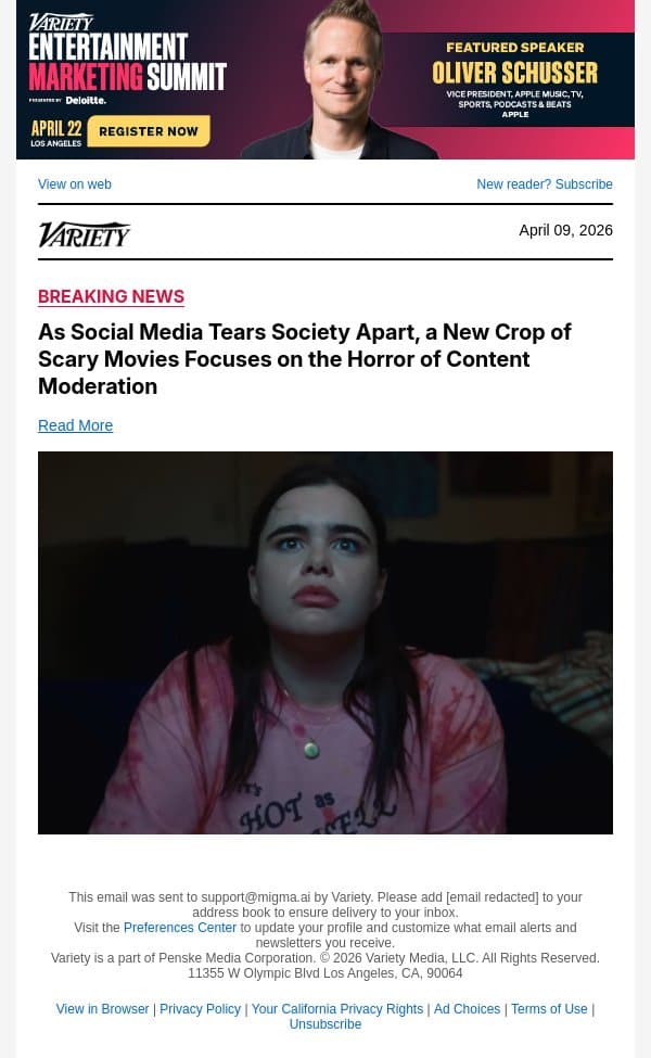 As Social Media Tears Society Apart, a New Crop of Scary Movies Focuses on the Horror of Content Moderation email from Variety screenshot