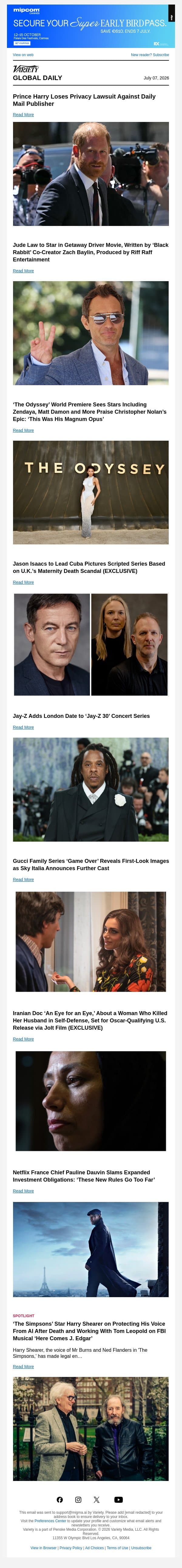 Prince Harry Loses Lawsuit; Jude Law's New Movie; 'The Odyssey' World Premiere email from Variety screenshot