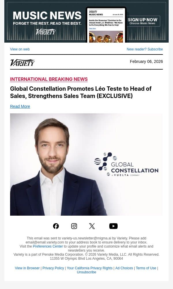 Global Constellation Promotes Léo Teste to Head of Sales, Strengthens Sales Team (EXCLUSIVE) email from Variety screenshot