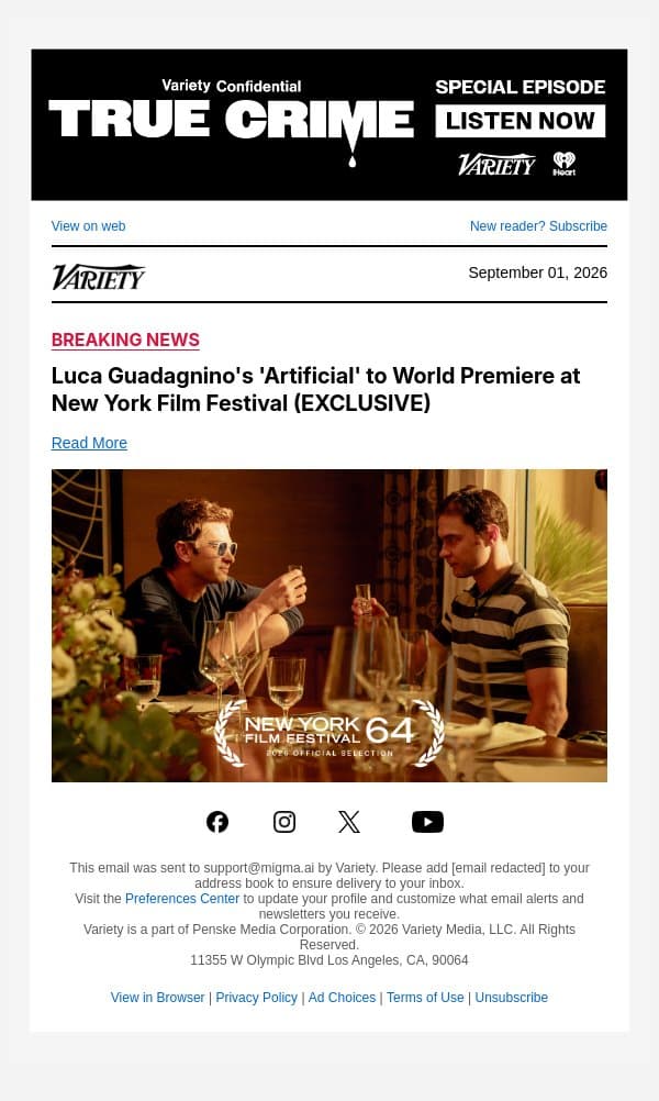 Luca Guadagnino's 'Artificial' to World Premiere at New York Film Festival (EXCLUSIVE) email from Variety screenshot