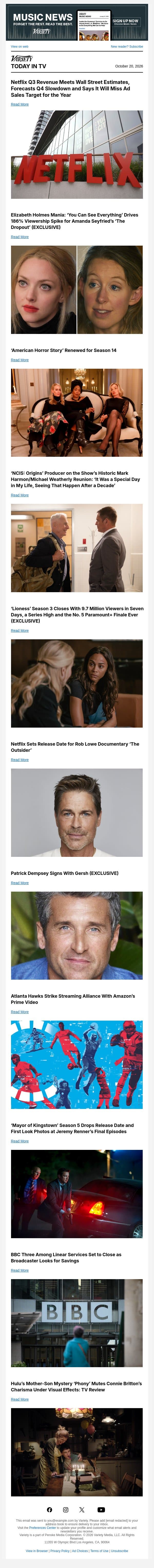 Netflix Q3 Earnings; 'The Dropout' Viewership Surge; 'American Horror Story' Renewed email from Variety screenshot