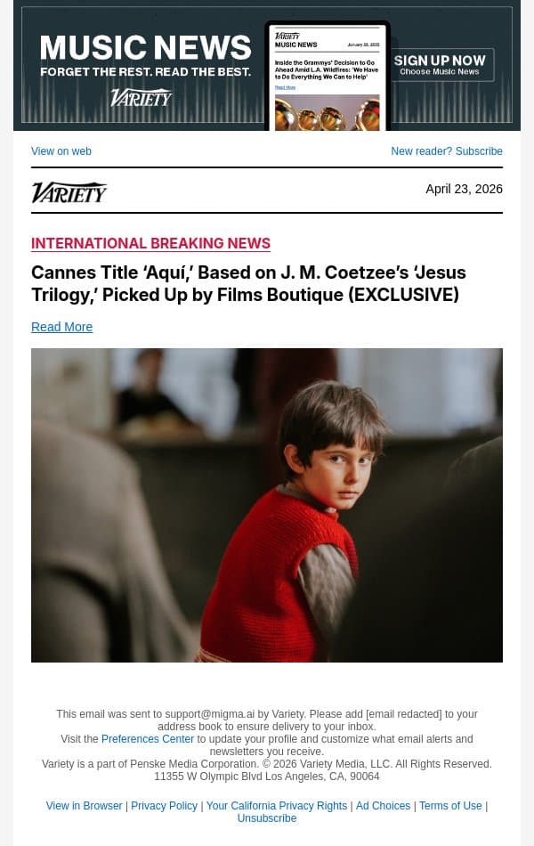 Cannes Title ‘Aquí,’ Based on J. M. Coetzee’s ‘Jesus Trilogy,’ Picked Up by Films Boutique (EXCLUSIVE) email from Variety screenshot