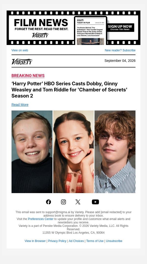 ‘Harry Potter’ HBO Series Casts Dobby, Ginny Weasley and Tom Riddle for 'Chamber of Secrets' Season 2 email from Variety screenshot