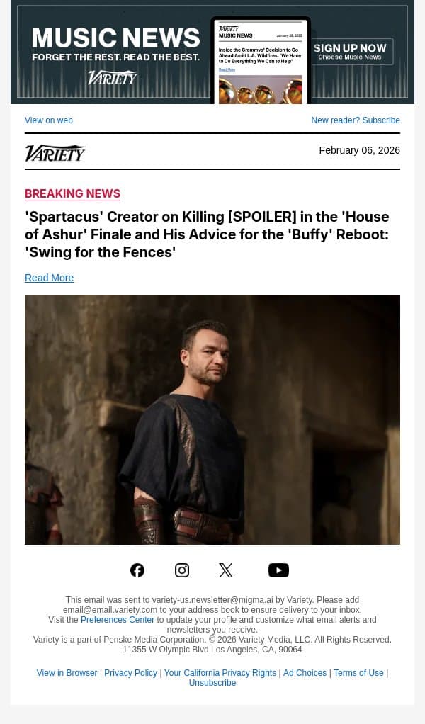 'Spartacus' Creator on Killing [SPOILER] in the 'House of Ashur' Finale and His Advice for the 'Buffy' Reboot: 'Swing for the Fences' email from Variety screenshot