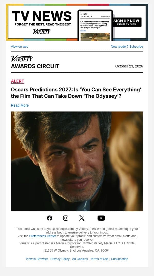 Oscars Predictions 2027: Is ‘You Can See Everything’ the Film That Can Take Down ‘The Odyssey’? email from Variety screenshot