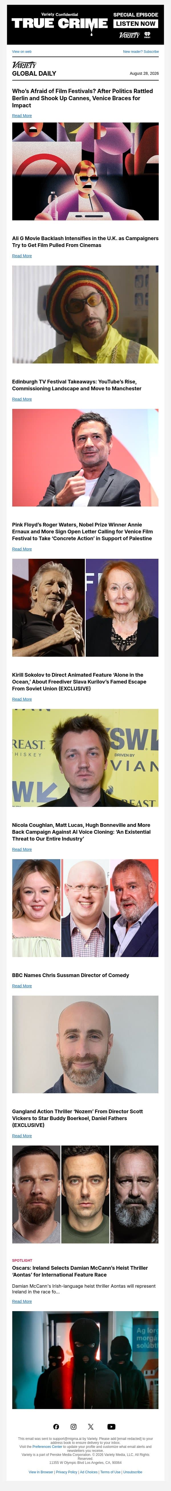Who's Afraid of Film Festivals?; Ali G Movie Backlash; Edinburgh TV Fest Takeaways email from Variety screenshot