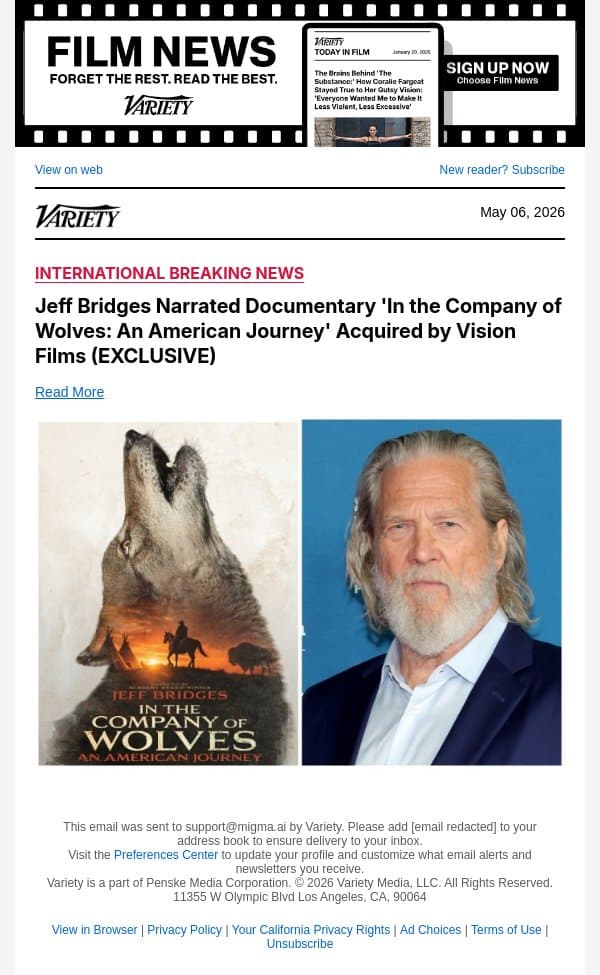 Jeff Bridges Narrated Documentary 'In the Company of Wolves: An American Journey' Acquired by Vision Films (EXCLUSIVE) email from Variety screenshot