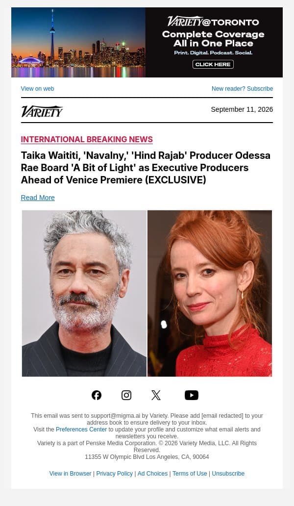 Taika Waititi, 'Navalny,' 'Hind Rajab' Producer Odessa Rae Board 'A Bit of Light' as Executive Producers Ahead of Venice Premiere (EXCLUSIVE) email from Variety screenshot