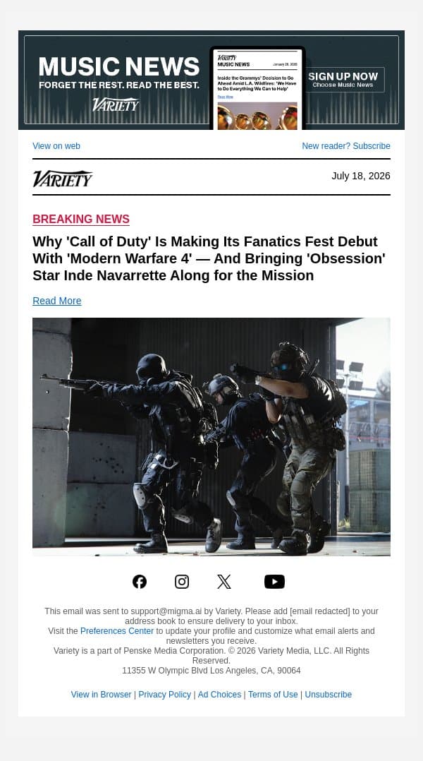 Why 'Call of Duty' Is Making Its Fanatics Fest Debut With 'Modern Warfare 4' — And Bringing 'Obsession' Star Inde Navarrette Along for the Mission email from Variety screenshot