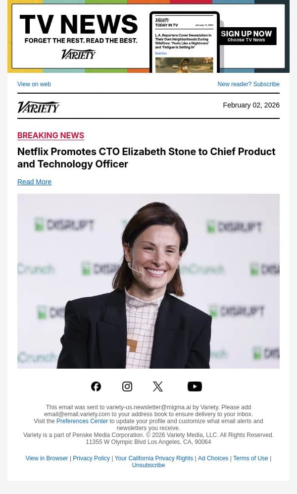 Netflix Promotes CTO Elizabeth Stone to Chief Product and Technology Officer email from Variety screenshot