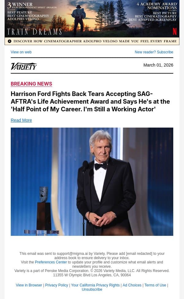 Harrison Ford Fights Back Tears Accepting SAG-AFTRA's Life Achievement Award and Says He's at the 'Half Point of My Career. I'm Still a Working Actor' email from Variety screenshot
